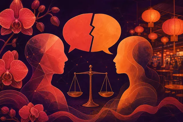 Two abstract figures share a split speech bubble, one edge sharp and one soft, over a balance scale and orchids