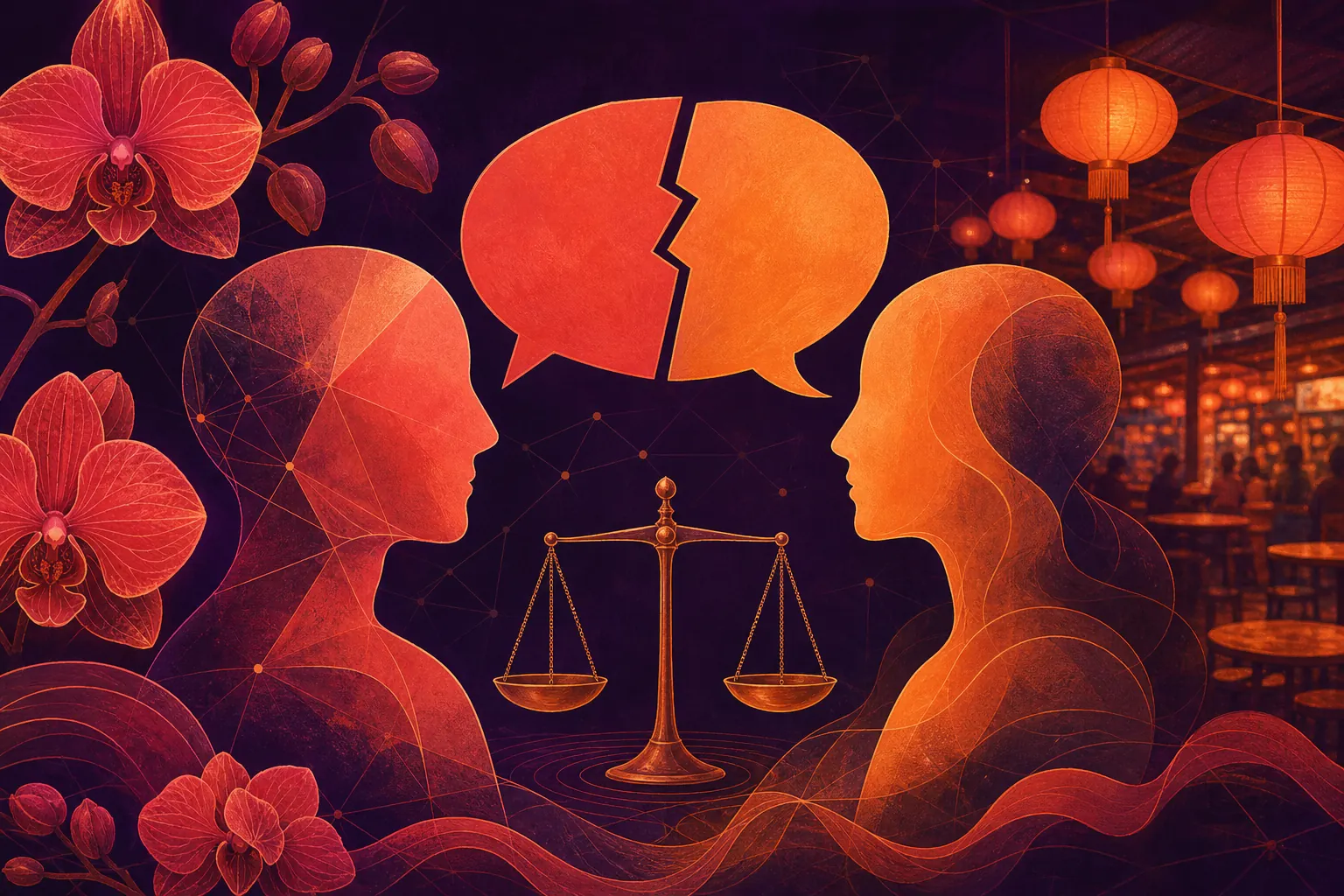 Two abstract figures share a split speech bubble, one edge sharp and one soft, over a balance scale and orchids