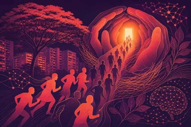 Abstract silhouettes rush toward a glowing doorway that becomes a protective nest of hands beneath HDB blocks