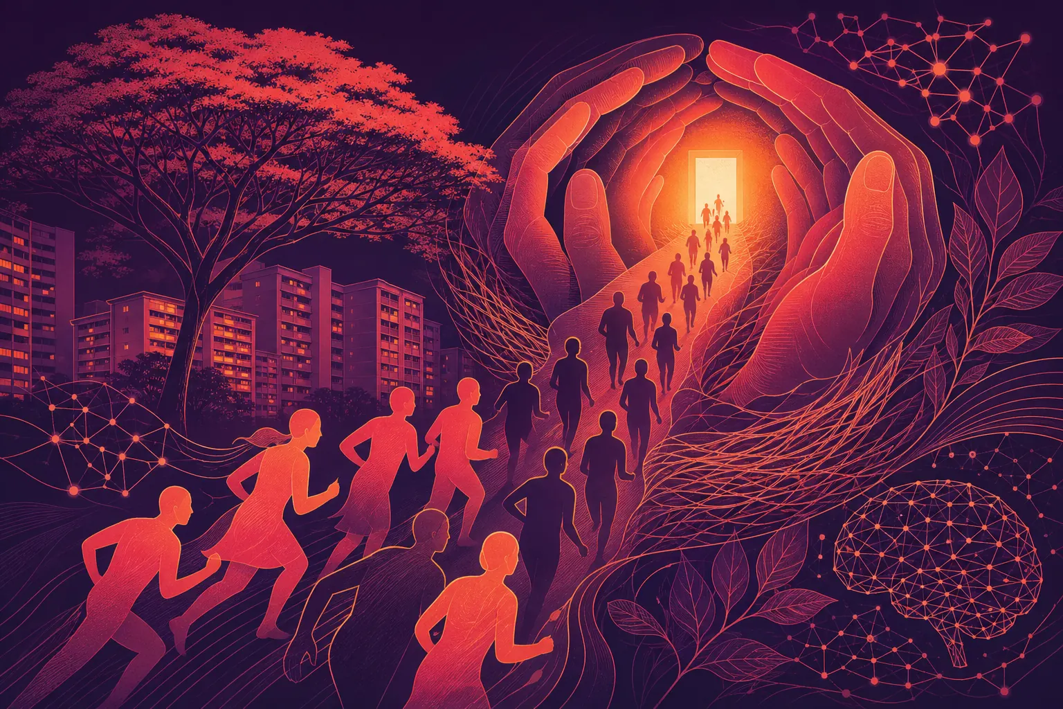 Abstract silhouettes rush toward a glowing doorway that becomes a protective nest of hands beneath HDB blocks