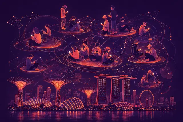 Small young figures with phones clustered in overlapping orbits beside botanical Supertree-like forms