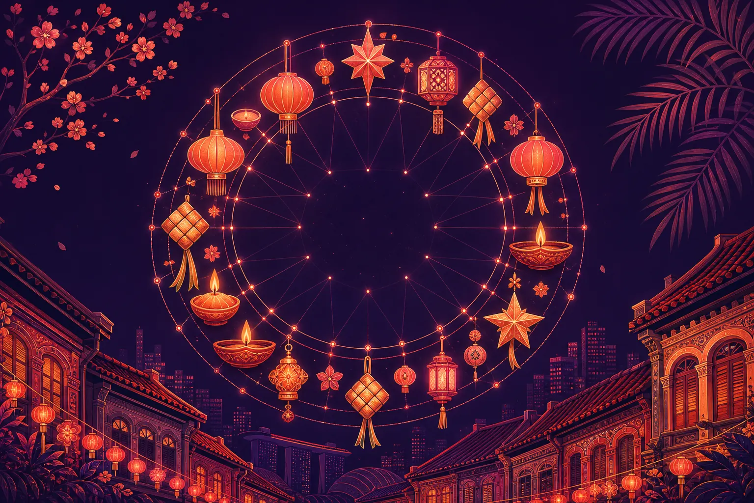 A circular wheel of festive lanterns, oil lamps, ketupat weaves and stars linked into a glowing ring over shophouses