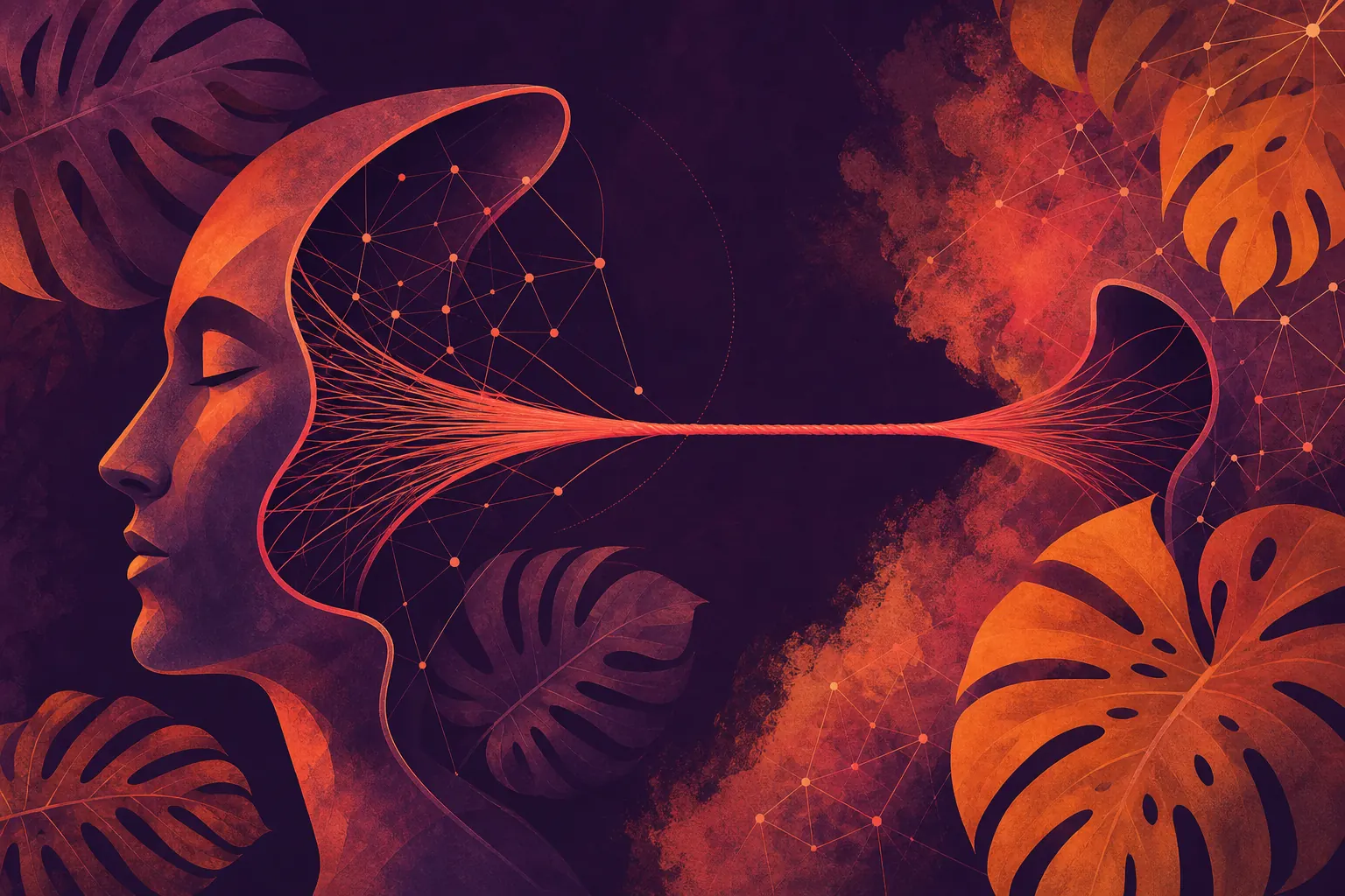 A human profile opening into two pulling threads joined by a taut coral line, framed by monstera leaves
