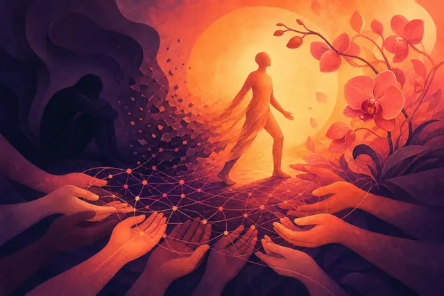 A figure steps from a long shadow into warm light, held up by collaborative hands, data threads and orchids