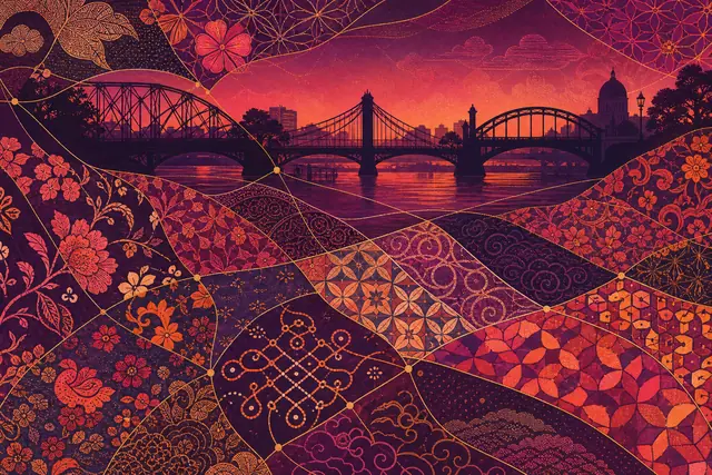 A woven textile of batik, Peranakan tile and kolam patterns joined by fine lines, with river bridge silhouettes