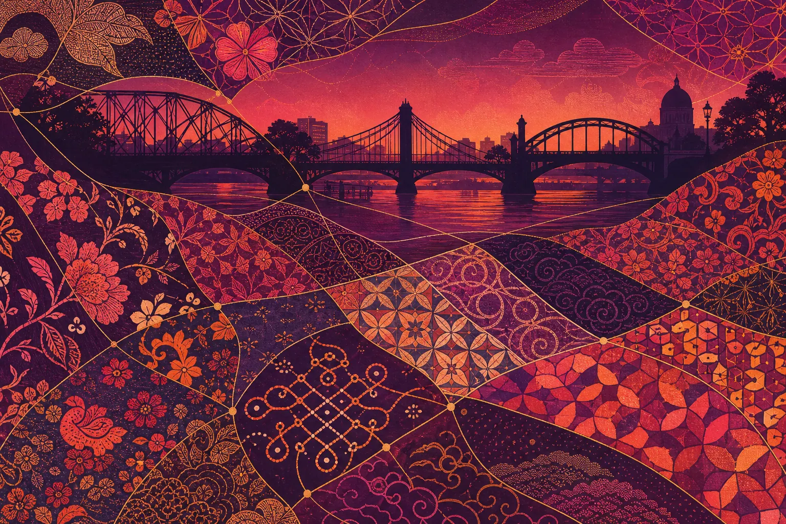 A woven textile of batik, Peranakan tile and kolam patterns joined by fine lines, with river bridge silhouettes