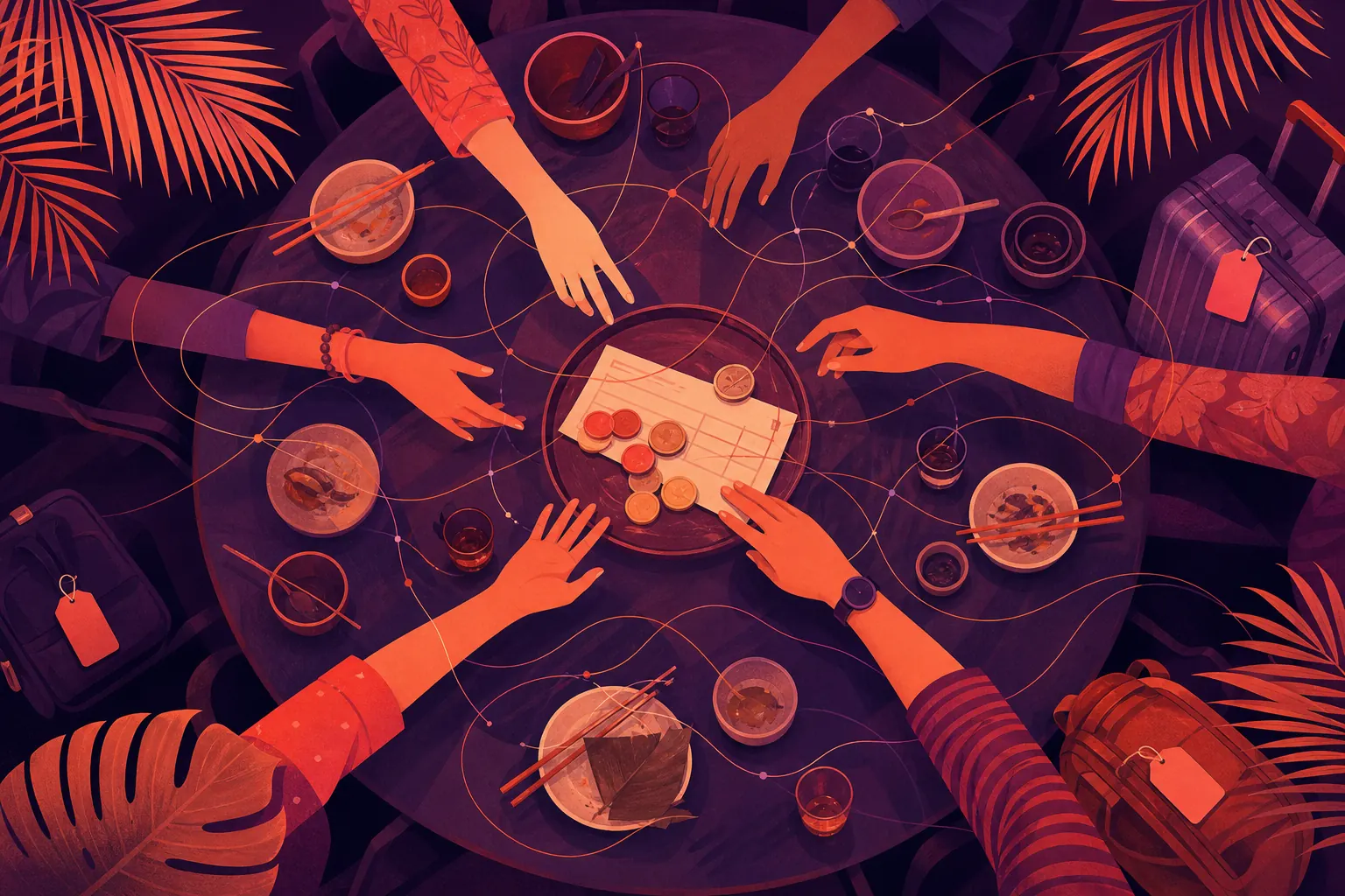 A round hawker table from above with hands reaching for a shared bill, coin flows and luggage tags among palms
