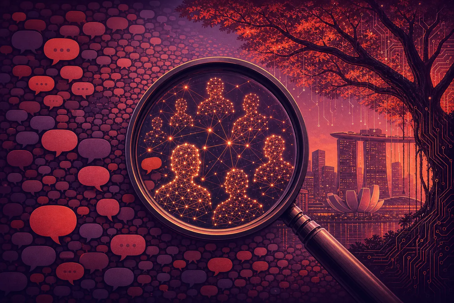 A lens over many tiny conversation bubbles reveals glowing clusters forming persona silhouettes and rain-tree branches