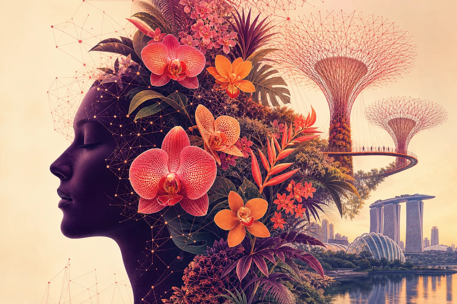 A human profile opening into a Singapore garden of coral flowers and connected lines